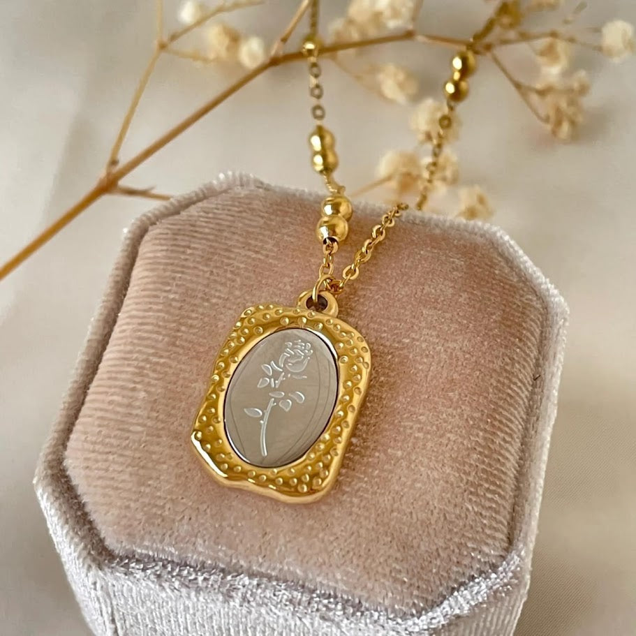 Gold Rose Beaded Chain Necklace Stainless Steel
